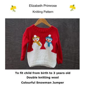 P17 Snowmen Christmas Jumper Knitting Pattern to fit baby/child from birth to 3 years old.  Digital download PDF pattern.
