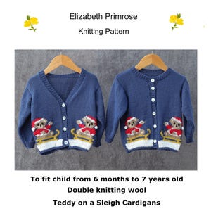 P163 Children&#39;s Teddy on a Sleigh Cardigans to fit 6 months to 7 years old. DK wool.  Digital download PDF knitting pattern.