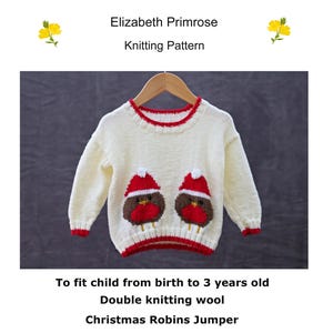P13 Christmas Robins Jumper Knitting Pattern to fit baby/child from birth to 3 years old.  Digital download PDF pattern.