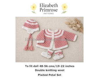 Plaited Petal Set – Cardigan, Hat & Bootees Knitting Pattern, P64, Doll or Baby (Digital Download)