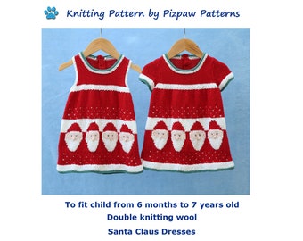 Santa Claus Christmas Dresses (no 131) Knitting Pattern to fit child from 6 months to 7 years old.  Digital download PDF pattern.