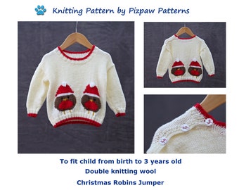 Christmas Robins Jumper (13) knitting pattern to fit baby/child from birth to 3 years old.  Digital download PDF pattern.