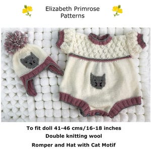 P7 Cat Motif Romper Suit and Hat to fit Doll 16-18 inches/41-46 cms. PDF digital download knitting pattern.