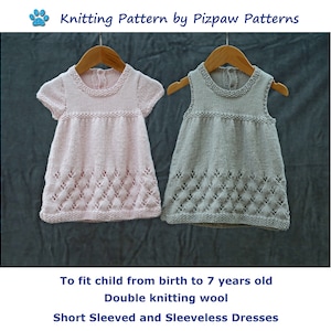 Robe à manches courtes et robe sans manches (n° 121) Modèle de tricot pour enfant de 0 à 7 ans. Modèle PDF à télécharger.