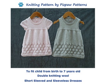 Short Sleeved Dress and Sleeveless Dress (no 121) Knitting Pattern to fit child from birth to 7 years old.  Digital download PDF pattern.