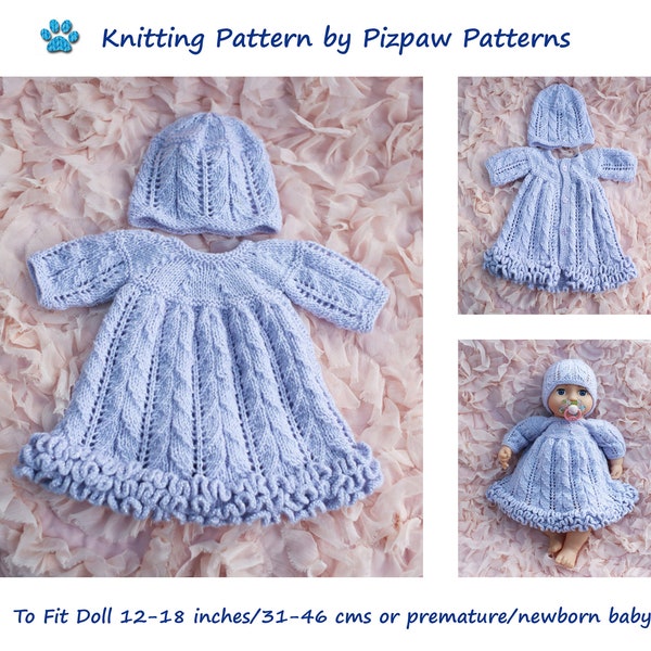 Triple Frilled Dress and Hat (59) Knitting Pattern to fit doll 12 to 18 inches/31-46 cms in height or premature/newborn baby