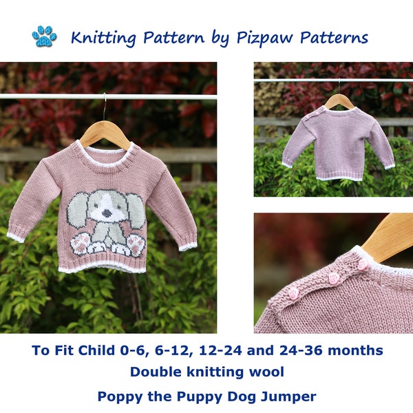 Poppy the Puppy Dog Jumper/Sweater to fit 0-6, 6-12, 12-24 and 24-36 month old child.  Digital download PDF knitting pattern.