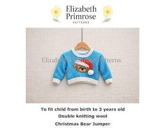 Christmas Bear Jumper Knitting Pattern P25, DK, Children's Sizes 0–3 Years, (Digital download)