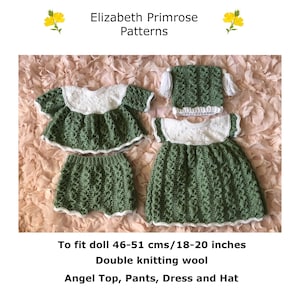 P55 Angel Top, Pants, Dress and Hat to fit Doll 46-51 cms/18-20 inches.  Digital download PDF knitting pattern.