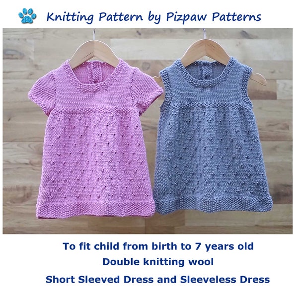 Children's Dresses Knitting Pattern (no 152) to fit from birth to 7 years old. DK wool. Digital download PDF pattern written in English.