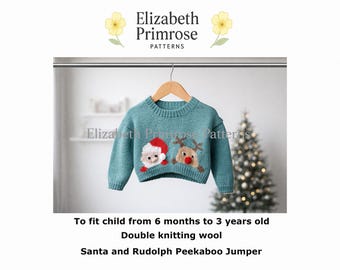 Santa and Rudolph Peekaboo Jumper Knitting Pattern P39, DK 6m–3years – (Digital Download)