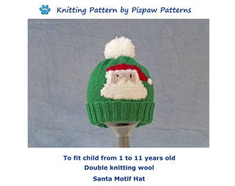 Children's Santa Motif Hat (no 147) Knitting Pattern to fit 1 to 11 years old.  Digital download PDF knitting pattern written in English.