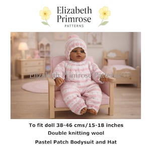 May include: A doll dressed in a pastel pink and white striped knitted bodysuit and hat. The doll is seated in a pink chair. The image text reads "Elizabeth Primrose Patterns" and "To fit doll 38-46 cms".
