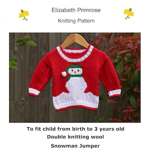 P12 Snowman Christmas Jumper Knitting Pattern to fit child 0-6m, 6-12m, 1-2yrs and 2-3 years old.  PDF pattern by digital download.