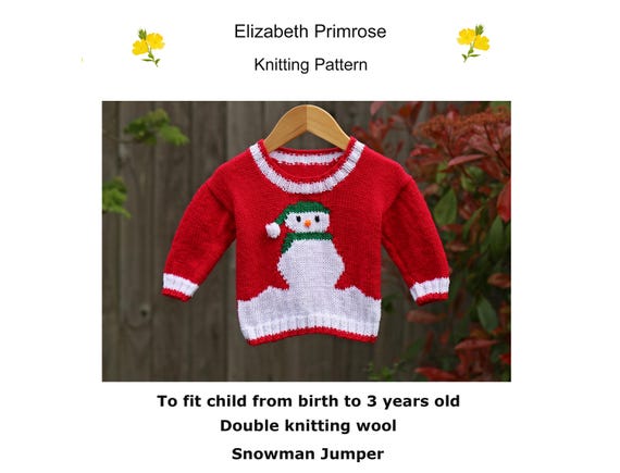 P12 Snowman Christmas Jumper Knitting Pattern to fit child 0-6m, 6-12m, 1-2yrs and 2-3 years old.  PDF pattern by digital download.