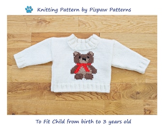 Jumper with Teddy Bear Motif (23) Knitting Pattern to fit 0-36 month old baby/toddler.  PDF pattern by digital download.