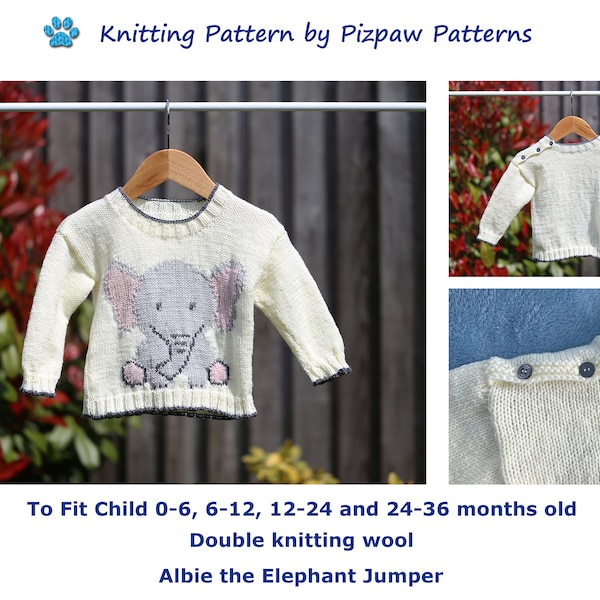 Albie der Elefant Pullover/Sweatshirt (kein 49) für Kinder von 0-6, 6-12, 12-24 und 24-36 Monate alt. Digitaler Download PDF Strickanleitung.