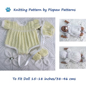 Romper Suit, Bonnet and Bootees Knitting Pattern to fit Doll 15 to 18 inches/38-46 cms in height or newborn baby