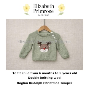 May include: A sage green long-sleeve knitted sweater featuring a central reindeer graphic with a red nose, brown antlers, and white face details. The garment has a ribbed crew neckline, ribbed cuffs, and three white buttons along the left shoulder.