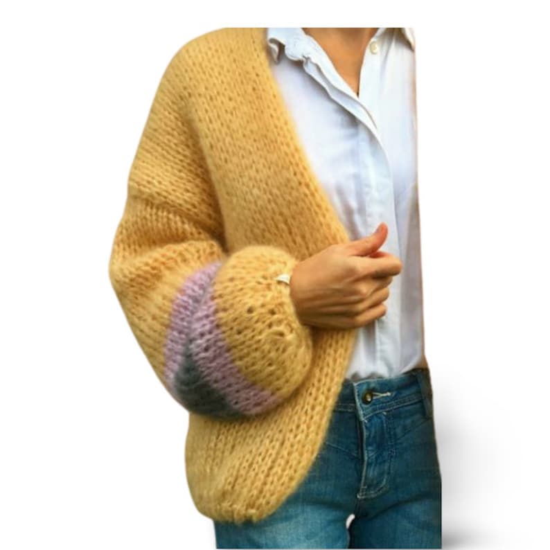 Handgestrickter Mohair-Cardigan, Ballonärmel, Pullover mit offener Vorderseite, Winter-Bomber-Cardigan, flauschiger Pullover, Damenpullover, Mohair-Cardigan, Wolle, Bild 2