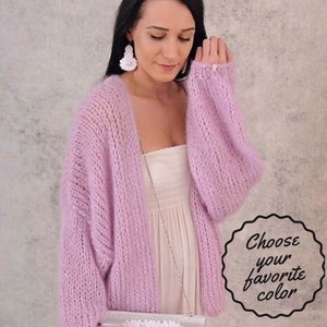 hand knit pink mohair sweater, fluffy sweater, soft to touch, cardigan, bomber, balloon sleeves, women sweater, chunky knit