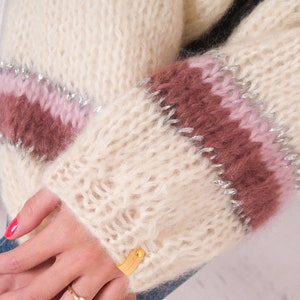 hand knit mohair cardigan with colorful sleeves,balloon sleeves ,open front jumper, winter bomber cardigan, fluffy sweater, women