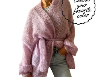 Hand gestrickte lange Strickjacke in Mohair mit Gürtel, flauschiger Pullover, weich, Cardigan, Bomber, Ballon-Ärmeln, Frauen-Pullover, Grobstrick