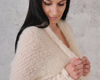 tejido a mano suave bolero de alpaca nupcial SARA en 0FF-WHITE, cubierta/Pullover/ cardigan/boda encogiéndose de hombros/ suéter/ chaqueta/dama de honor/suéter de mujer