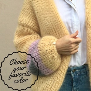 Hand knitted mohair Cardigán,ballon sleeves ,open front jumper, winter bomber cardigan, fluffy sweater, women sweater,mohair cardigan, wool,