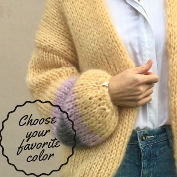 Hand knitted mohair Cardigán,ballon sleeves ,open front jumper, winter bomber cardigan, fluffy sweater, women sweater,mohair cardigan, wool,