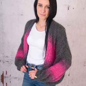Hand knit mohair sweater,balloon sleeves ,open front jumper, winter bomber cardigan, fluffy women ,mohair cardigan,