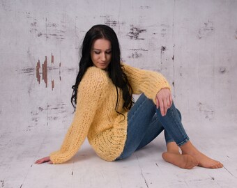hand knit oversize yellow alpaca sweater, soft Jumper cardigan cover up chunky sweater