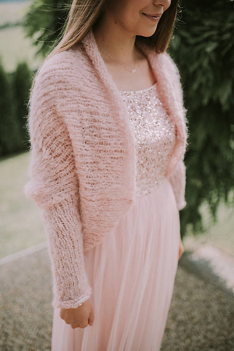 Boléro de mariée doux en alpaga SARA tricoté à la main en rose poudré, couvre-vêtements/pull/cardigan tricoté à la main/haussement d'épaules de mariage/pull/veste/demoiselle d'honneur/femme image 2