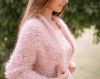 Bolero da sposa in alpaca lavorato a mano – Coprispalle rosa tenue per matrimonio, romantico copricostume in mohair