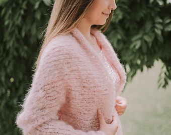 Boléro de mariée doux en alpaga SARA tricoté à la main en rose poudré, couvre-vêtements/pull/cardigan tricoté à la main/haussement d'épaules de mariage/pull/veste/demoiselle d'honneur/femme