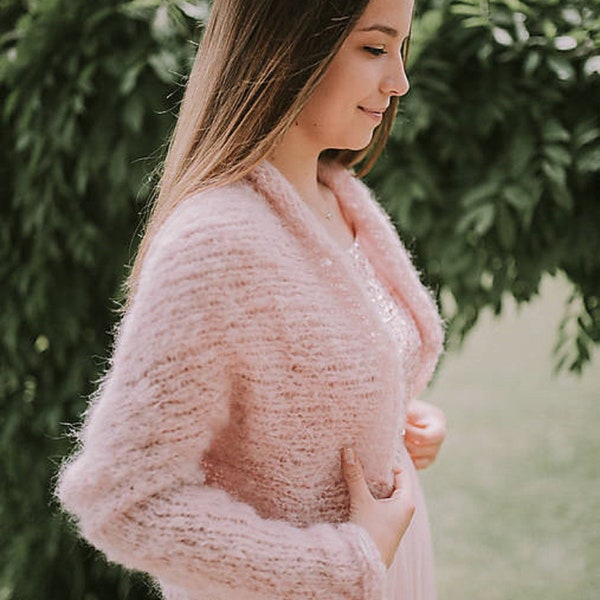 Boléro de mariée doux en alpaga SARA tricoté à la main en rose poudré, couvre-vêtements/pull/cardigan tricoté à la main/haussement d'épaules de mariage/pull/veste/demoiselle d'honneur/femme