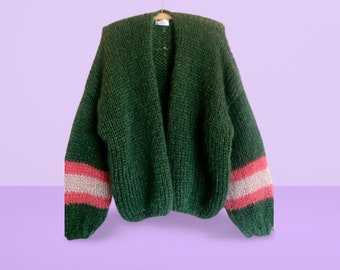 hand knit dark green mohair oversize  cardigan,balloon sleeves ,open front jumper, winter soft cardigan, fluffy sweater, women