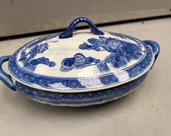 Antique Chinese Canton Blue Porcelain Lidded Vegetable Dish