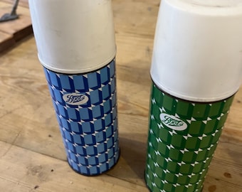 Vintage Thermos Flasks Boots Retro Blue & Green Pair Vintage 60-70s +Cups UK Made