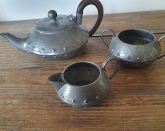 Arts And Crafts Style Antique Hand Beaten Pewter Tea Service *