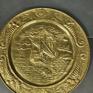 Vintage 1970s Repousse Brass Ship Galleon Wall Plate *
