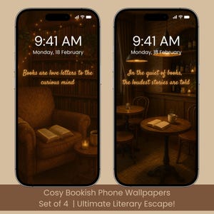 Bookish Phone Wallpaper Set – 4 Cozy Lock Screens for Aesthetic Readers | Book Themed | Digital Download