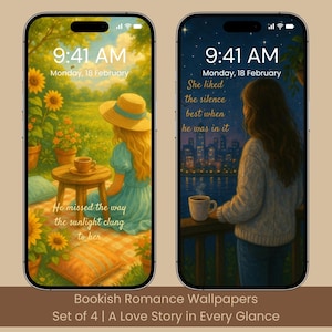 Romance Bookish Phone Wallpapers  – Set of 4 Love Story Backgrounds for Romance Readers & Book Lovers