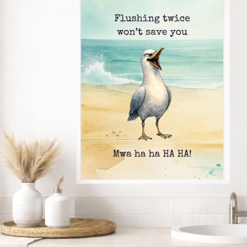 Hilarious Bathroom Wall Art – Coastal Seagull Print, Funny Toilet Humor ...