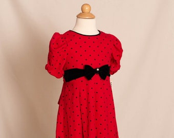 1980s Red Colour Black Dot Girls Dress