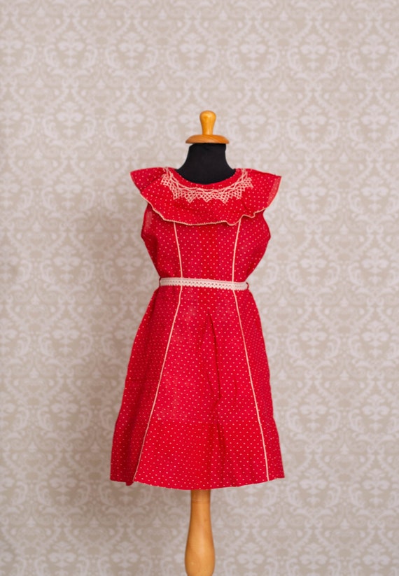 1930's Swiss Dot Hand Smocked Red Colour Girls Dre