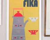 Fika wall art - yellow Scandi retro print- coffee break