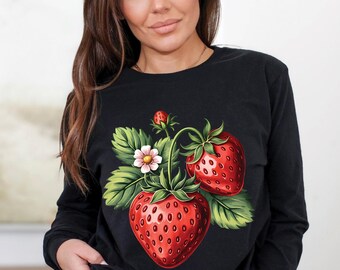 Vintage Strawberry Long Sleeve Tee: Retro Botanical Shirt