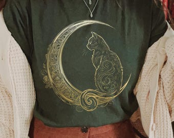 Celestial Black Cat T-Shirt: Moon Graphic Tee, Cat Lover Gift