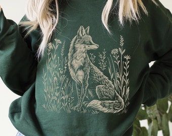 Fox Sweatshirt, Folklore Sweatshirt, Nature Lover Sweater, Boho, Vintage Linoprint, Forestcore Pullover